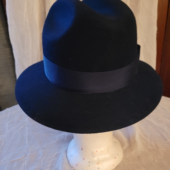 Vtg Doeskin Navy Blue 100% Wool Fedora Felt Hat w Ribbon Accent - Picture 7 of 8
